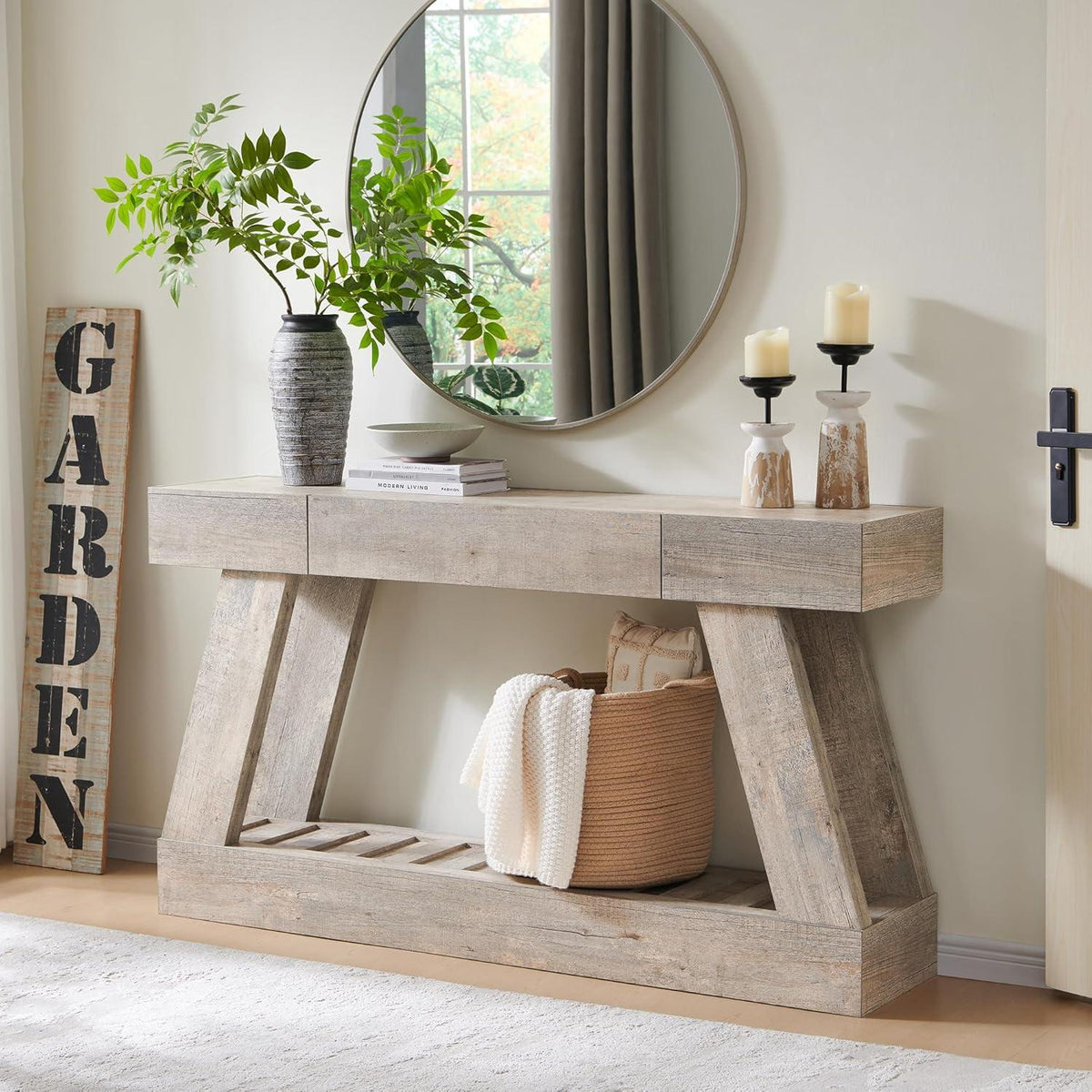 Farmhouse Entryway Table, 60" Wooden Hallway Foyer Table with Drawer, Heavy Duty Base