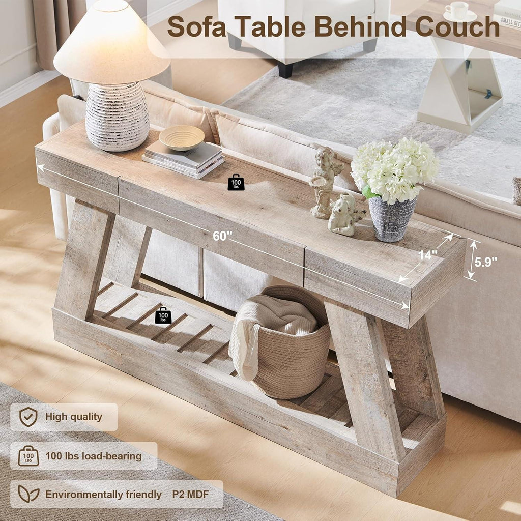 Farmhouse Entryway Table, 60" Wooden Hallway Foyer Table with Drawer, Heavy Duty Base