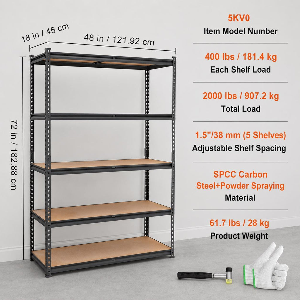 VEVOR Heavy Duty Storage Shelving Unit 5 Tier Adjustable Metal Shelf, Garage Storage Rack, Pantry Organizer, Utility Shelves,