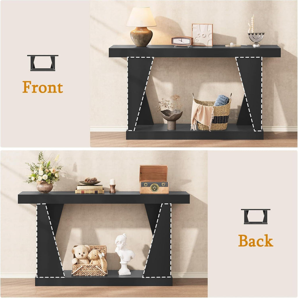 55" Farmhouse Console Table with Storage Shelves, Narrow Wooden Entryway Sofa Table for Hallway, Living Room & Foyer, Rustic Brown