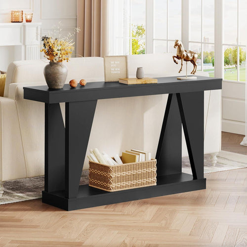 55" Farmhouse Console Table with Storage Shelves, Narrow Wooden Entryway Sofa Table for Hallway, Living Room & Foyer, Rustic Brown