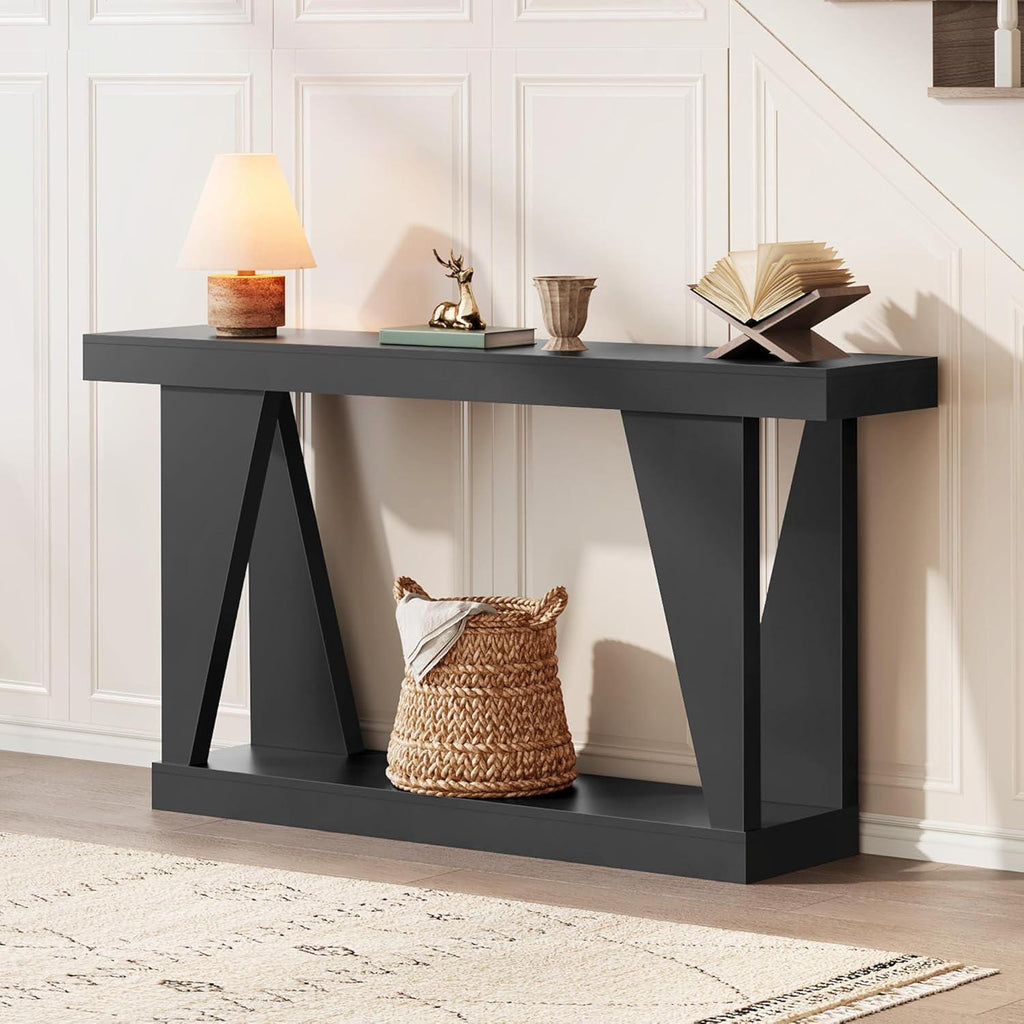 55" Farmhouse Console Table with Storage Shelves, Narrow Wooden Entryway Sofa Table for Hallway, Living Room & Foyer, Rustic Brown
