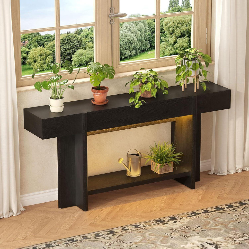 Farmhouse Console Table, 70.8" Entryway Sofa Table with 2 Drawers, LED Lights