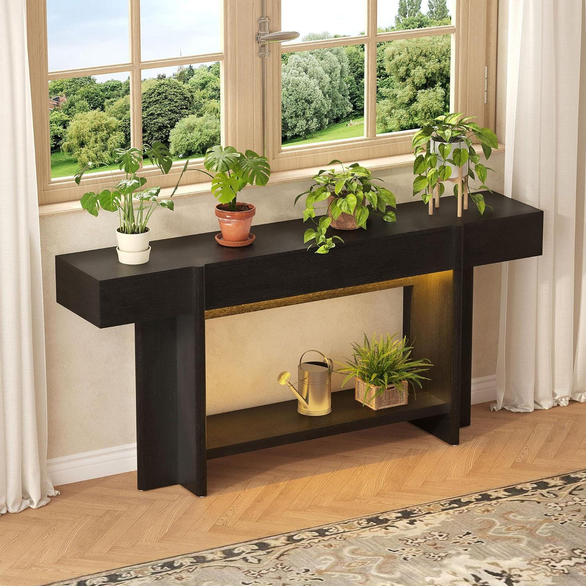 Farmhouse Console Table, 70.8" Entryway Sofa Table with 2 Drawers, LED Lights