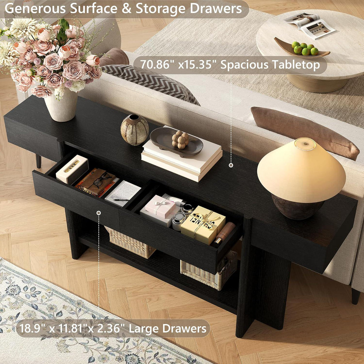 Farmhouse Console Table, 70.8" Entryway Sofa Table with 2 Drawers, LED Lights
