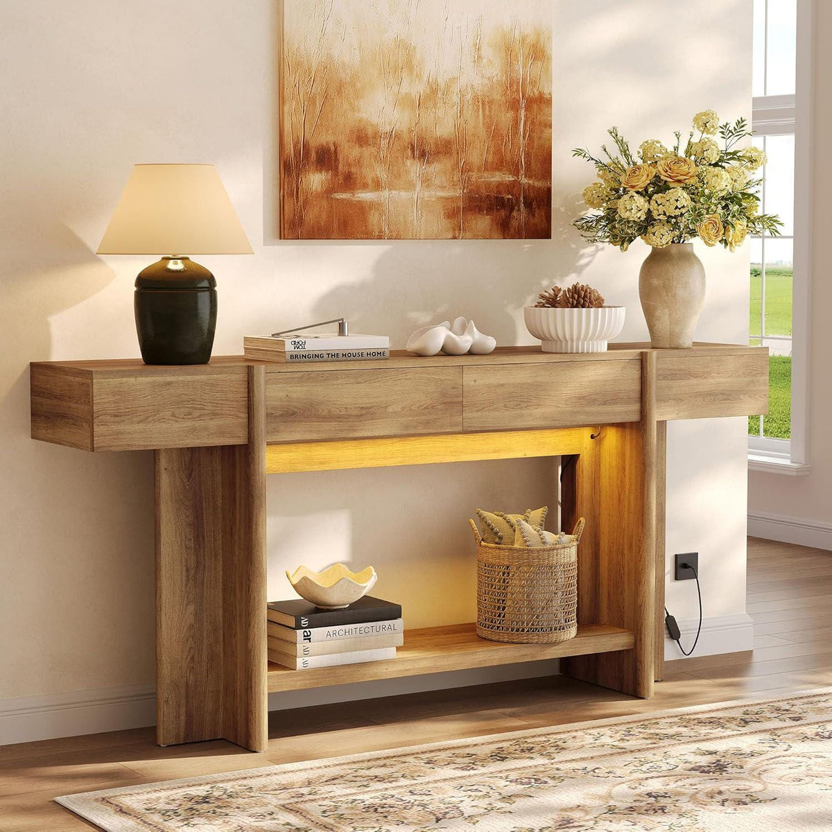 Farmhouse Console Table, 70.8" Entryway Sofa Table with 2 Drawers, LED Lights