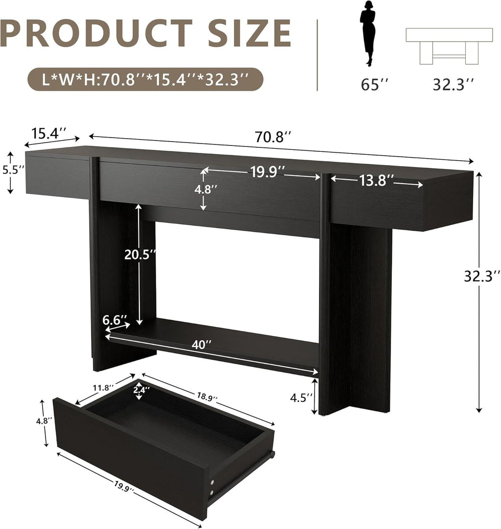 Farmhouse Console Table, 70.8" Entryway Sofa Table with 2 Drawers, LED Lights