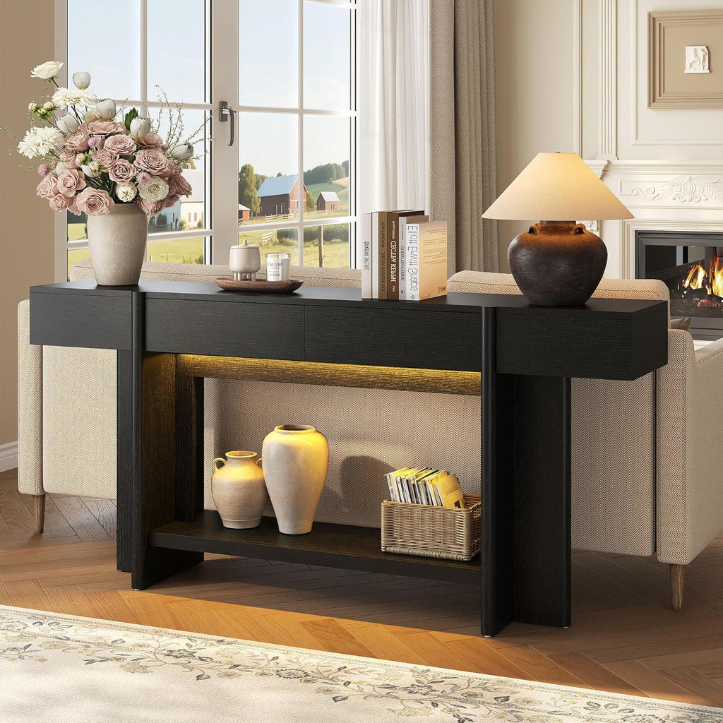 Farmhouse Console Table, 70.8" Entryway Sofa Table with 2 Drawers, LED Lights