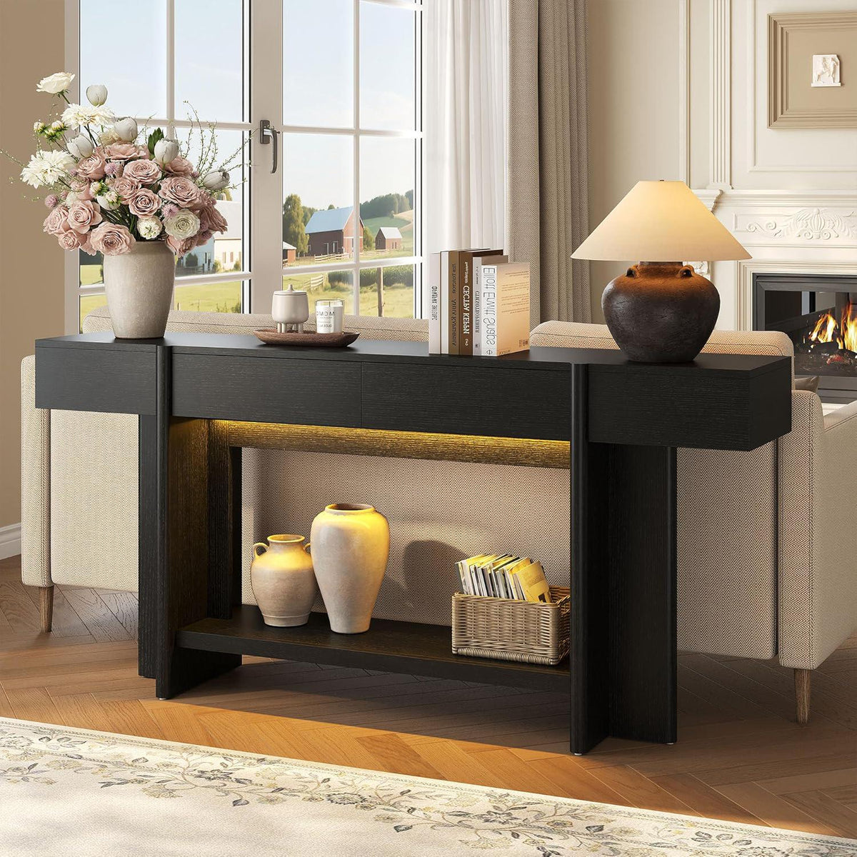 Farmhouse Console Table, 70.8" Entryway Sofa Table with 2 Drawers, LED Lights