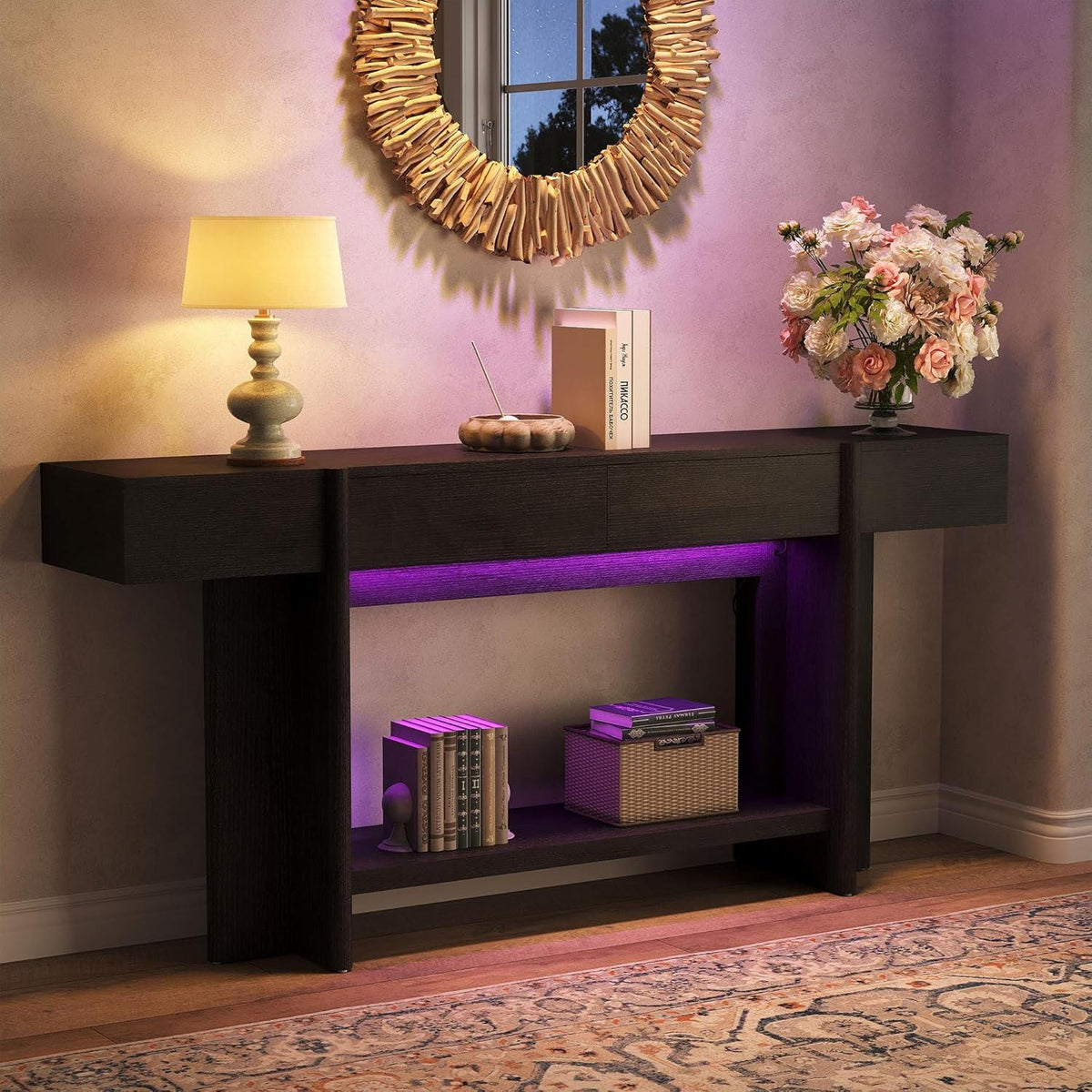 Farmhouse Console Table, 70.8" Entryway Sofa Table with 2 Drawers, LED Lights