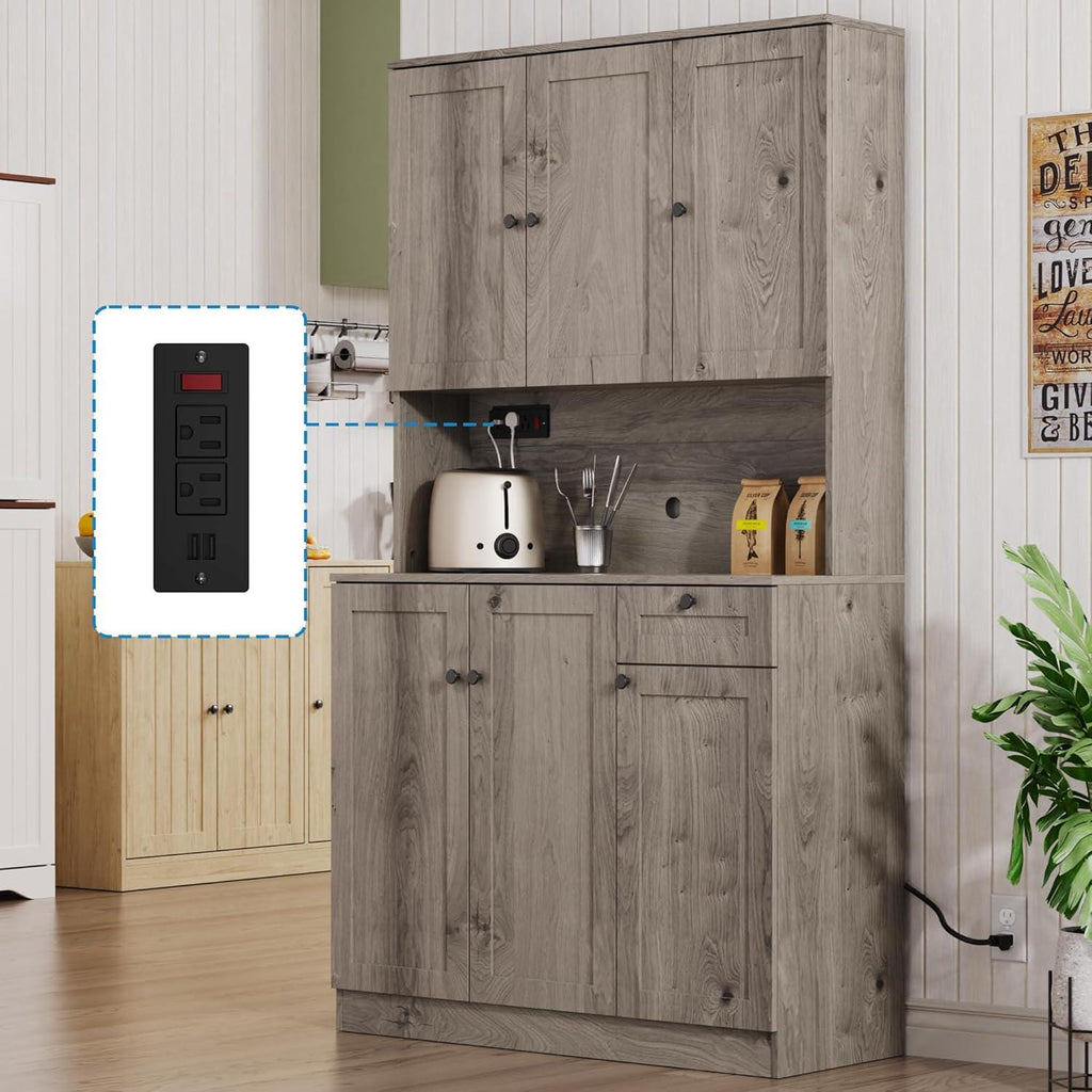 Farmhouse Pantry Cabinet with Charging Station, Microwave Stand, Storage Hutch