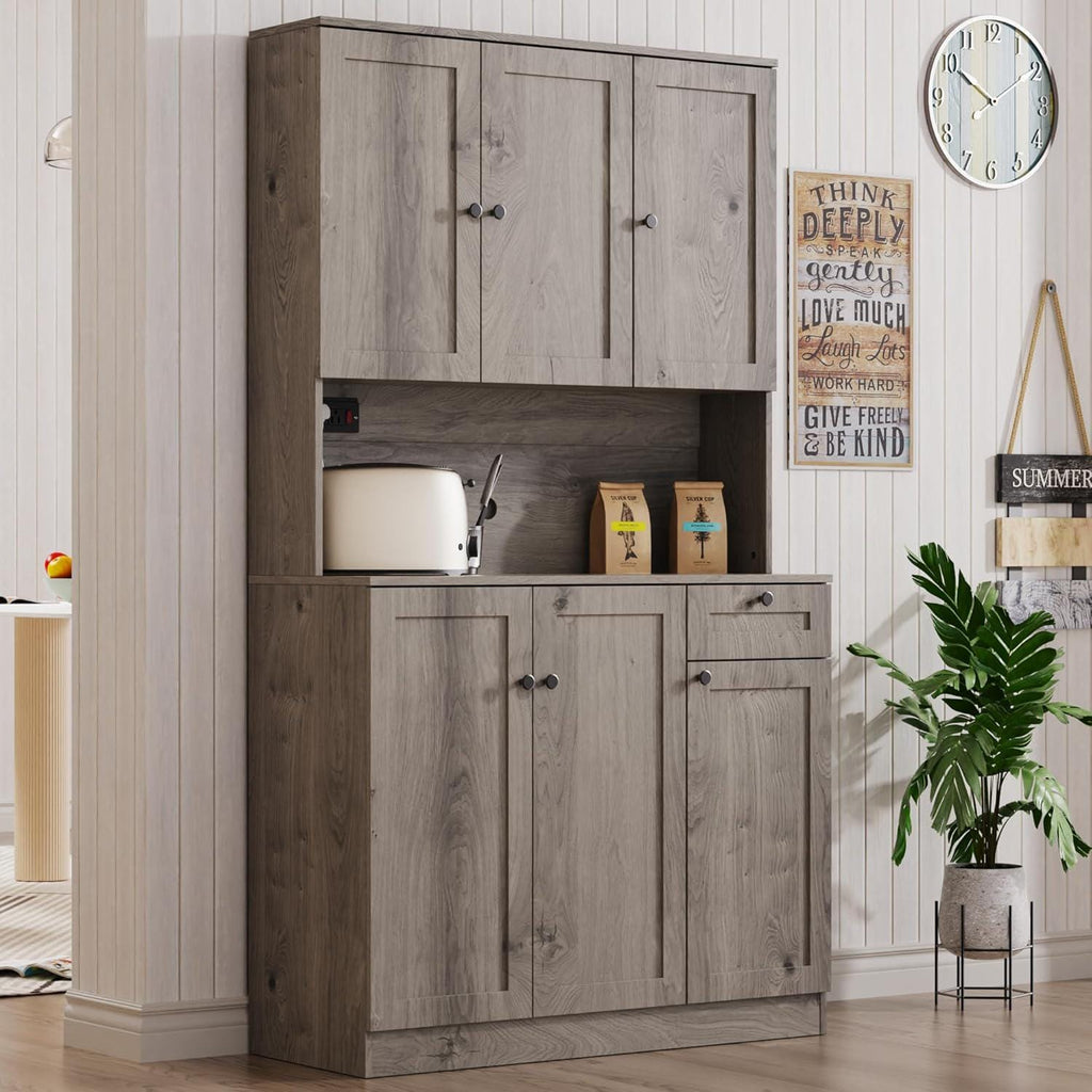 Farmhouse Pantry Cabinet with Charging Station, Microwave Stand, Storage Hutch