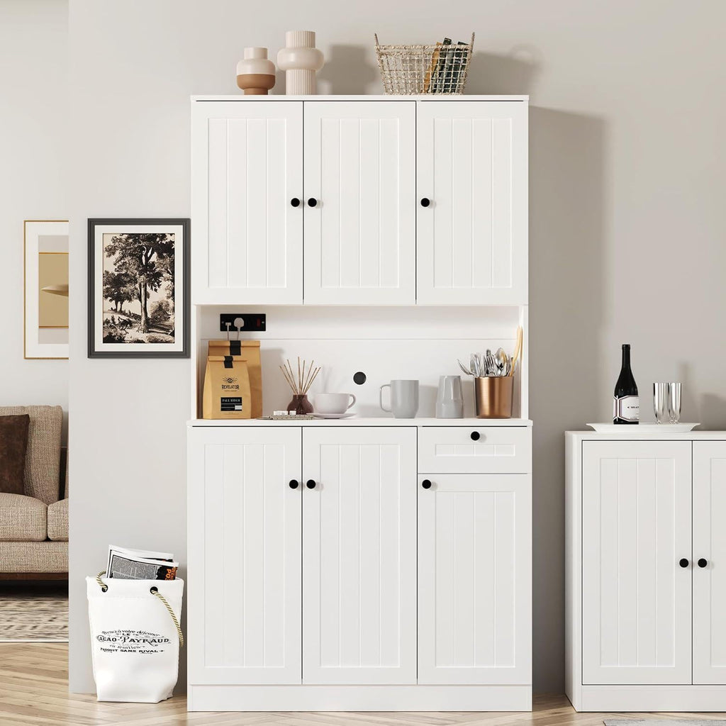 Farmhouse Pantry Cabinet with Charging Station, Microwave Stand, Storage Hutch