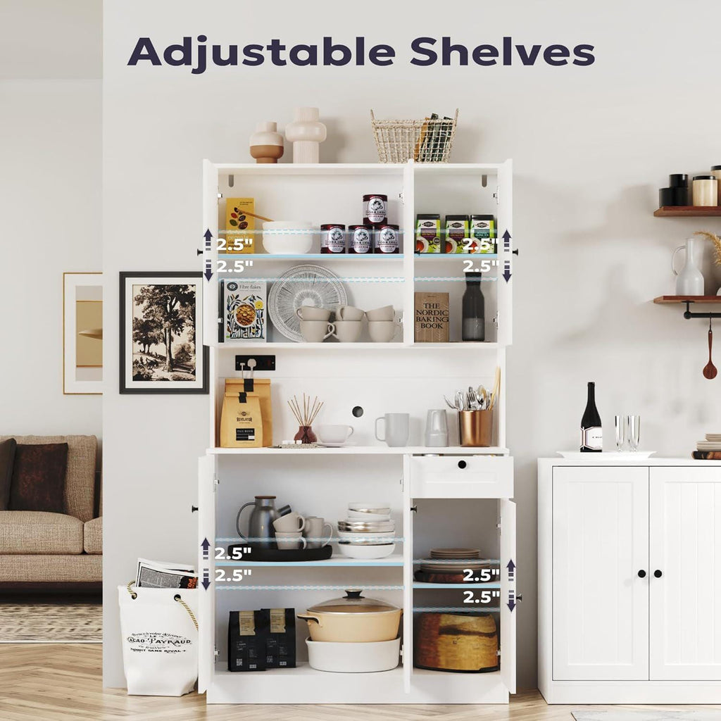 Farmhouse Pantry Cabinet with Charging Station, Microwave Stand, Storage Hutch