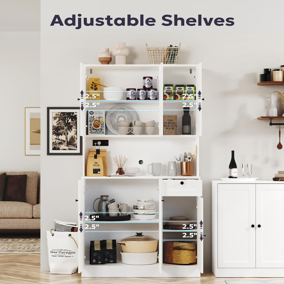 Farmhouse Pantry Cabinet with Charging Station, Microwave Stand, Storage Hutch