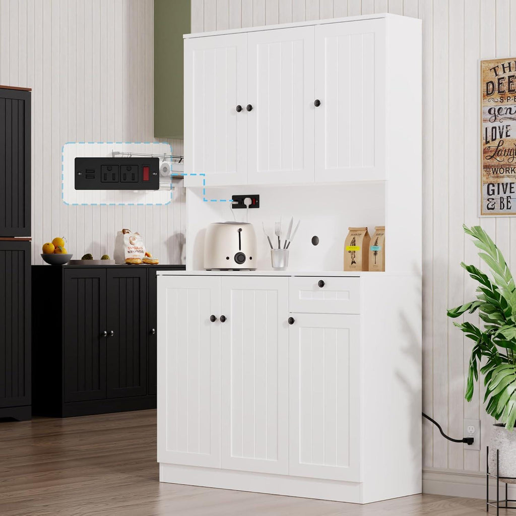 Farmhouse Pantry Cabinet with Charging Station, Microwave Stand, Storage Hutch