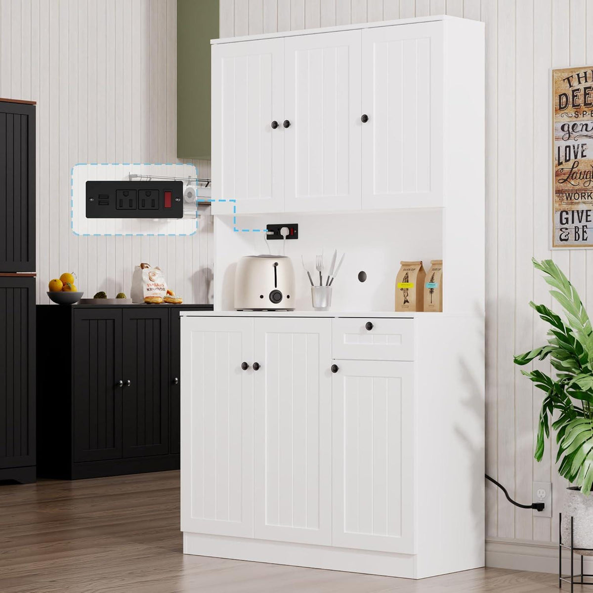 Farmhouse Pantry Cabinet with Charging Station, Microwave Stand, Storage Hutch