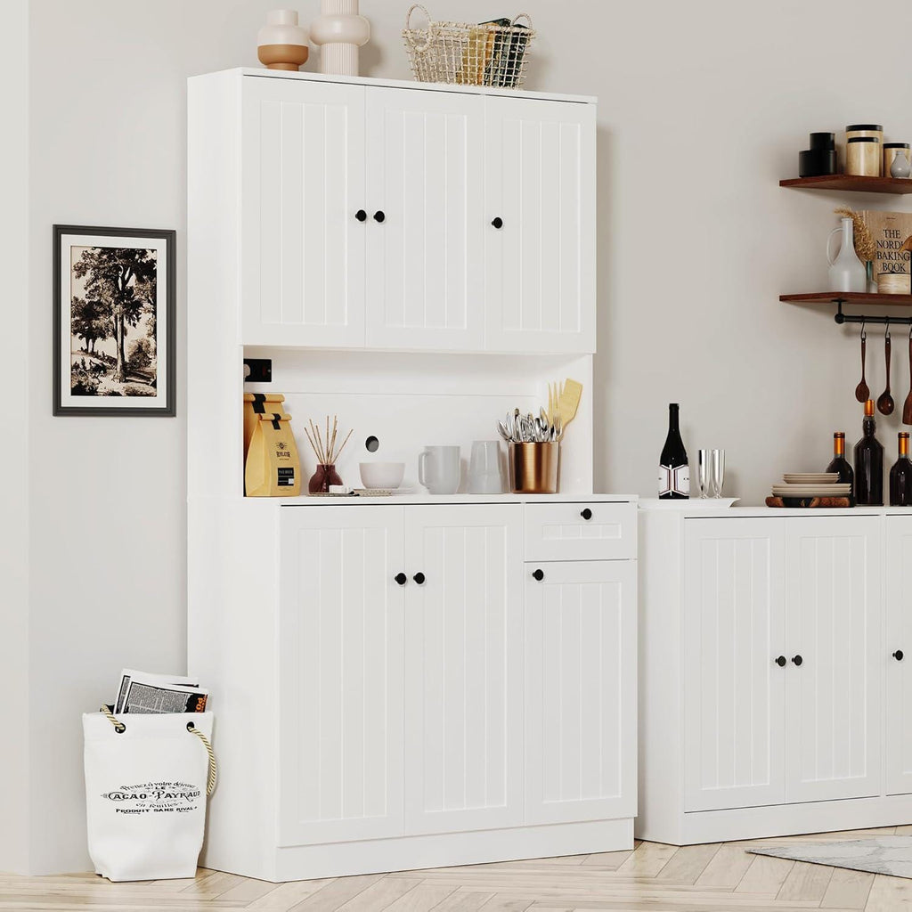 Farmhouse Pantry Cabinet with Charging Station, Microwave Stand, Storage Hutch