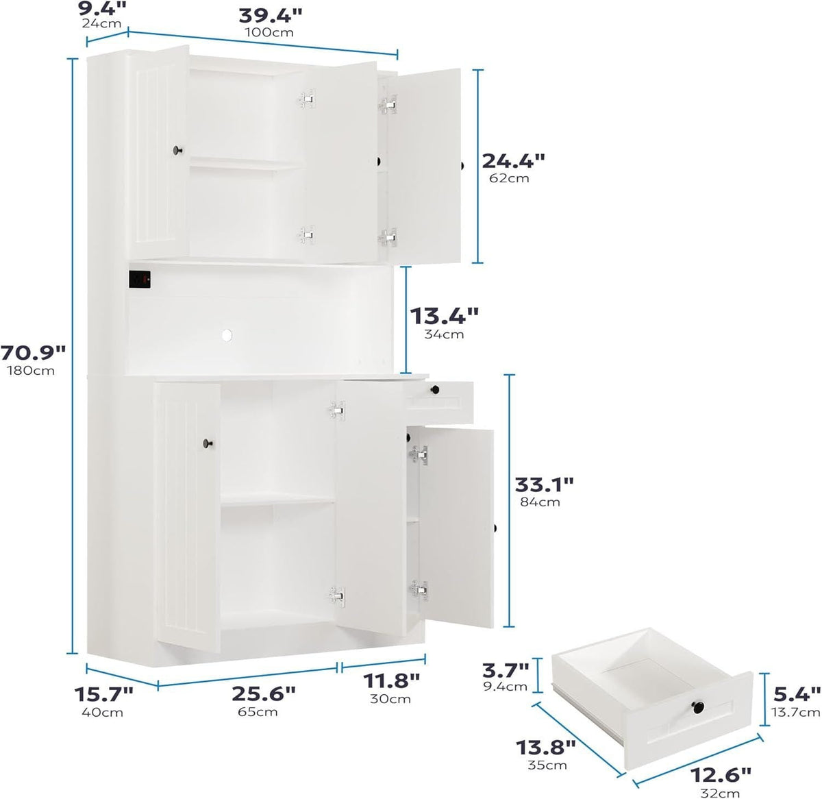 Farmhouse Pantry Cabinet with Charging Station, Microwave Stand, Storage Hutch