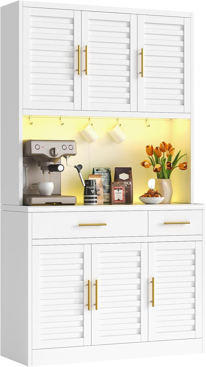 71" Kitchen Pantry Cabinet with Adjustable Shelves, Microwave Stand, 2 Drawers & Large Storage, White