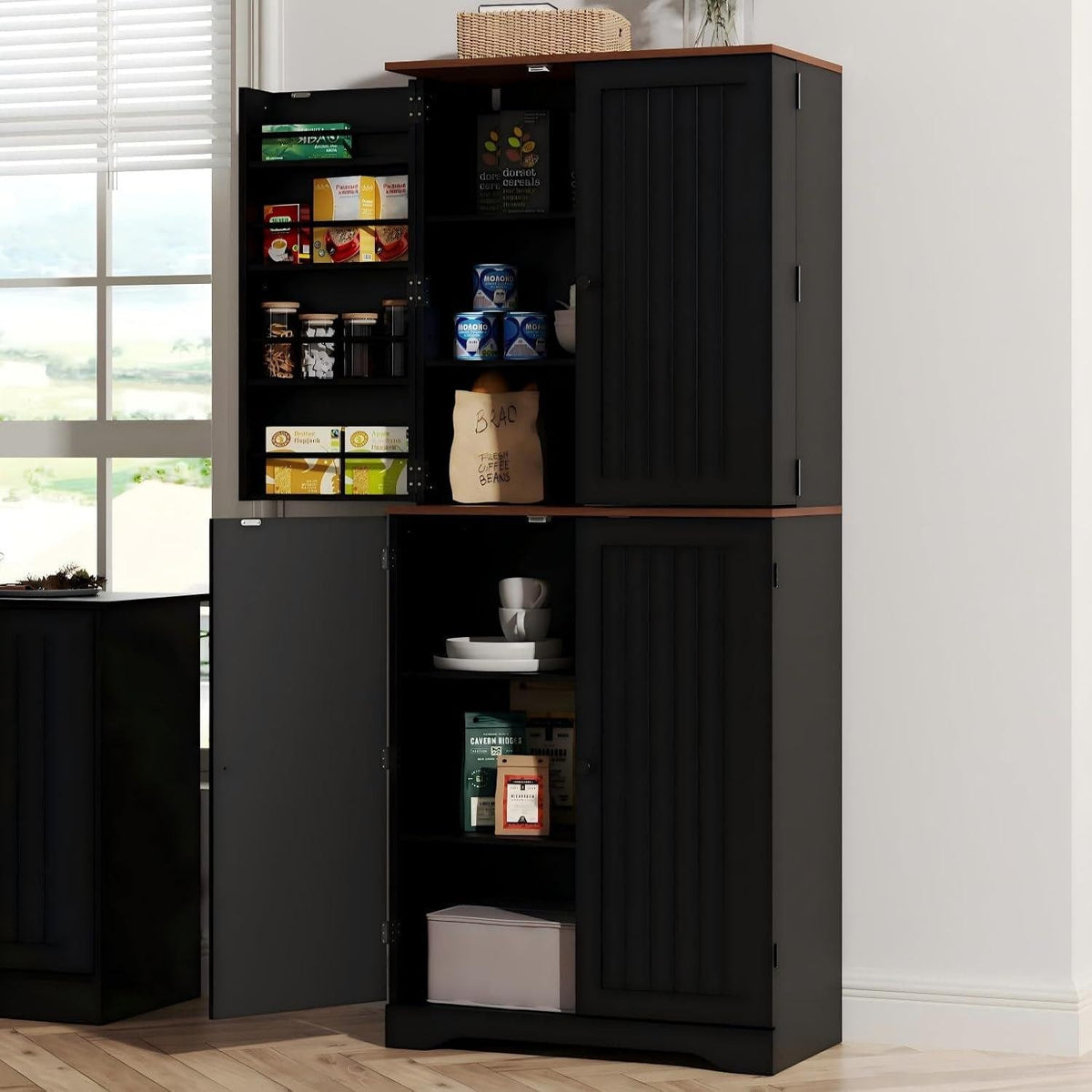 Farmhouse Kitchen Pantry Cabinet, Black Freestanding Storage Cupboard, Adjustable Shelves