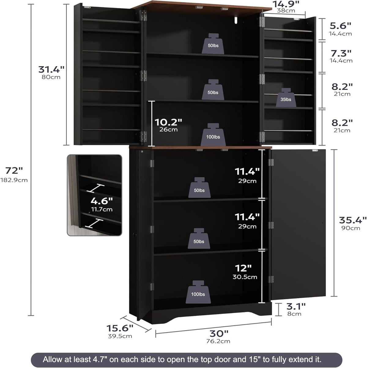 Farmhouse Kitchen Pantry Cabinet, Black Freestanding Storage Cupboard, Adjustable Shelves