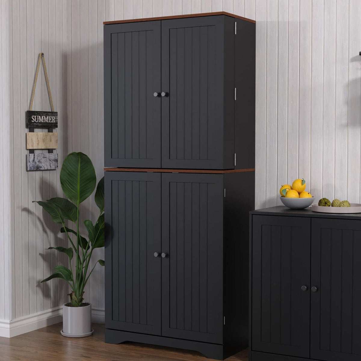 Farmhouse Kitchen Pantry Cabinet, Black Freestanding Storage Cupboard, Adjustable Shelves