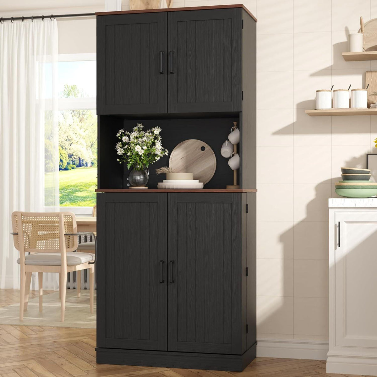 71" Farmhouse Kitchen Pantry Cabinet with Adjustable Shelves & Hanging Storage, Freestanding Cupboard, Rustic Black