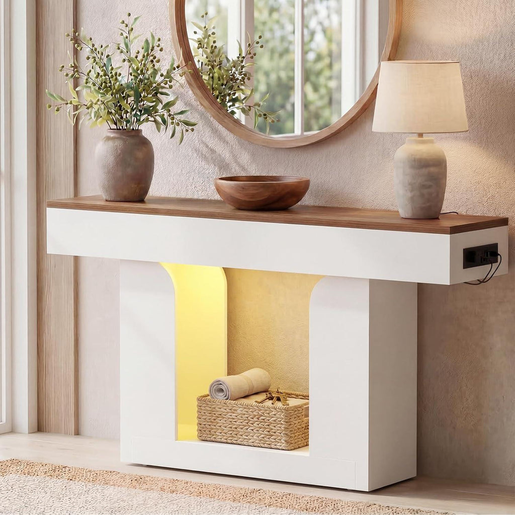 47" Farmhouse Console Table with LED Lights and Charging Station, Oak Wood Sofa Table