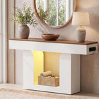 47" Farmhouse Console Table with LED Lights and Charging Station, Oak Wood Sofa Table