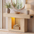 47" Farmhouse Console Table with LED Lights and Charging Station, Oak Wood Sofa Table