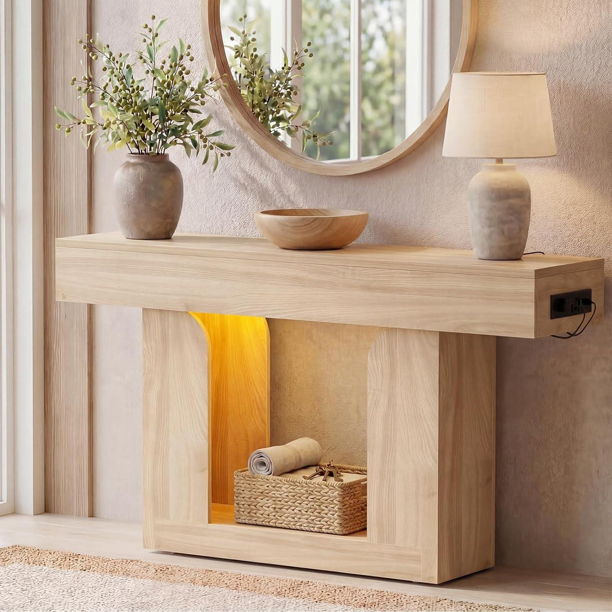 47" Farmhouse Console Table with LED Lights and Charging Station, Oak Wood Sofa Table