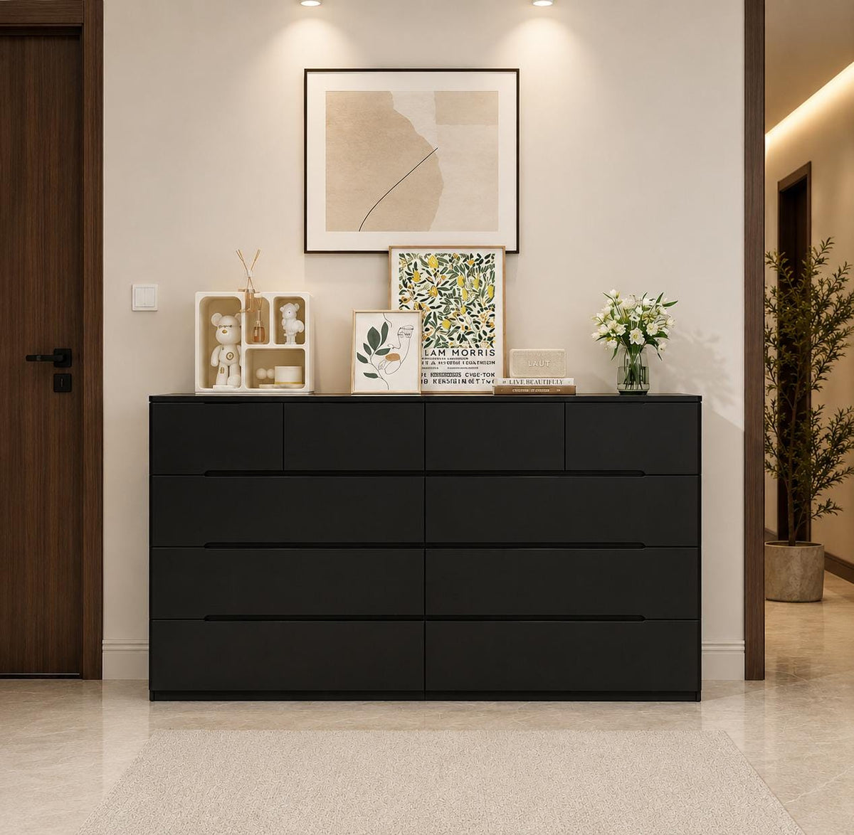 Black 10 Drawer Dresser, 55" Wide High Gloss Modern Storage Cabinet