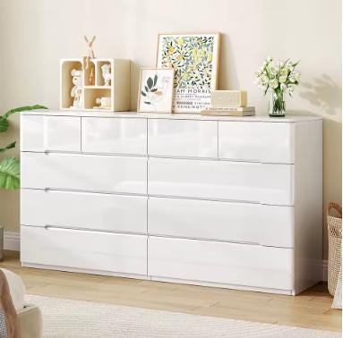 Black 10 Drawer Dresser, 55" Wide High Gloss Modern Storage Cabinet