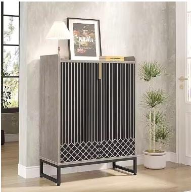 Grey Five-Tier Shoe Cabinet with Doors, Modern Storage Rack (25 Pairs)
