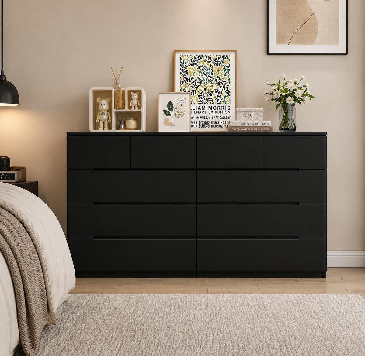 Black 10 Drawer Dresser, 55" Wide High Gloss Modern Storage Cabinet