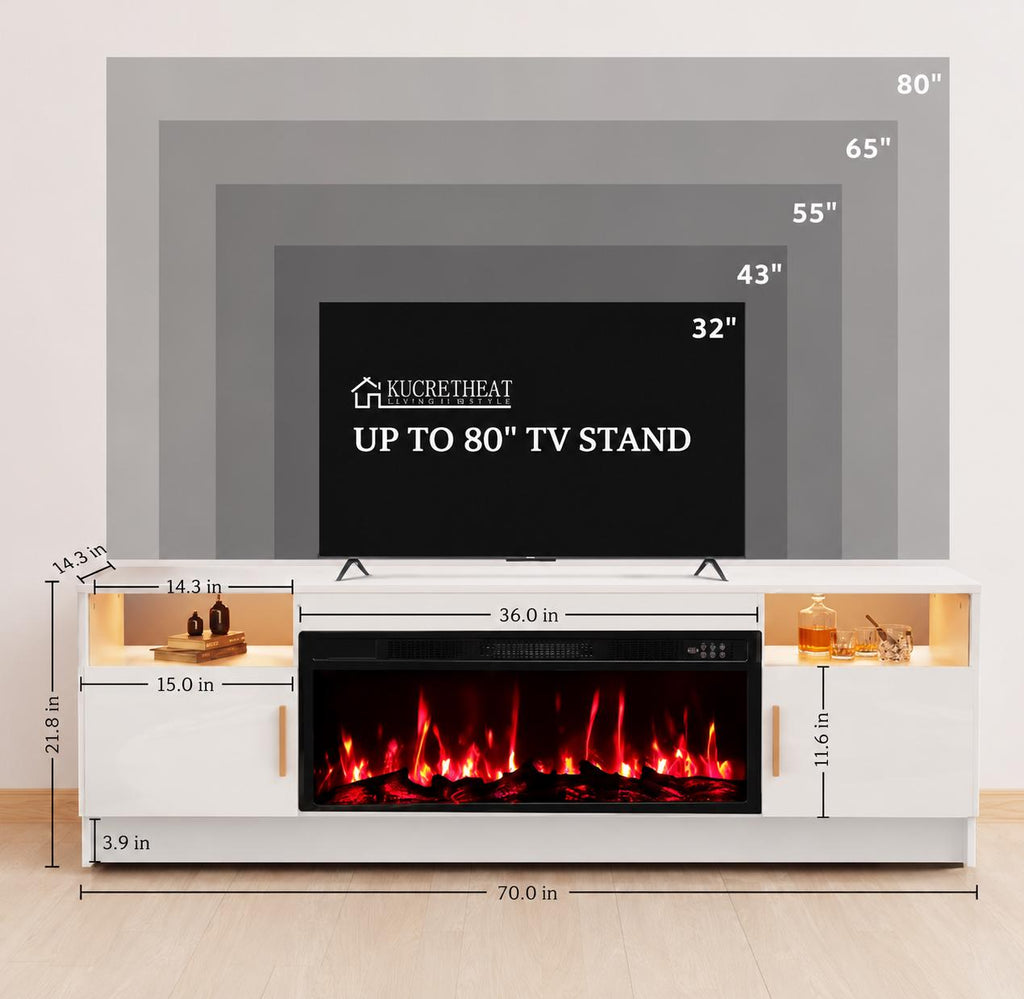 75" High Gloss TV Stand with 36" Electric Fireplace, LED Lights & Storage Cabinets, Modern Entertainment Center for TVs Up to 80"