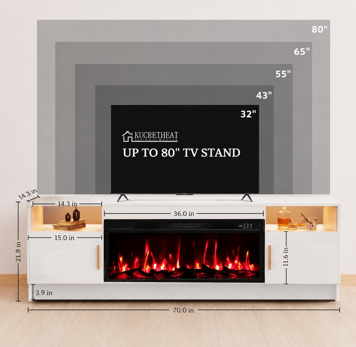 75" High Gloss TV Stand with 36" Electric Fireplace, LED Lights & Storage Cabinets, Modern Entertainment Center for TVs Up to 80"