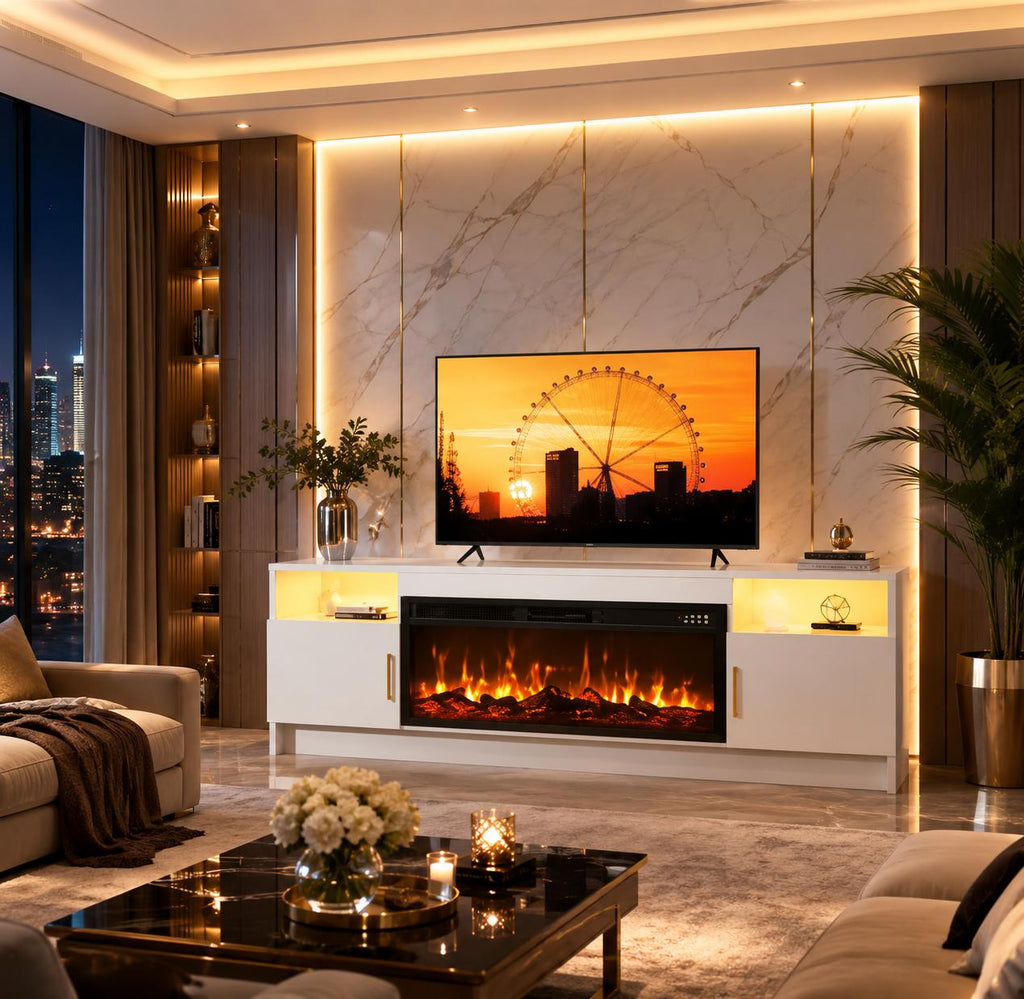 75" High Gloss TV Stand with 36" Electric Fireplace, LED Lights & Storage Cabinets, Modern Entertainment Center for TVs Up to 80"