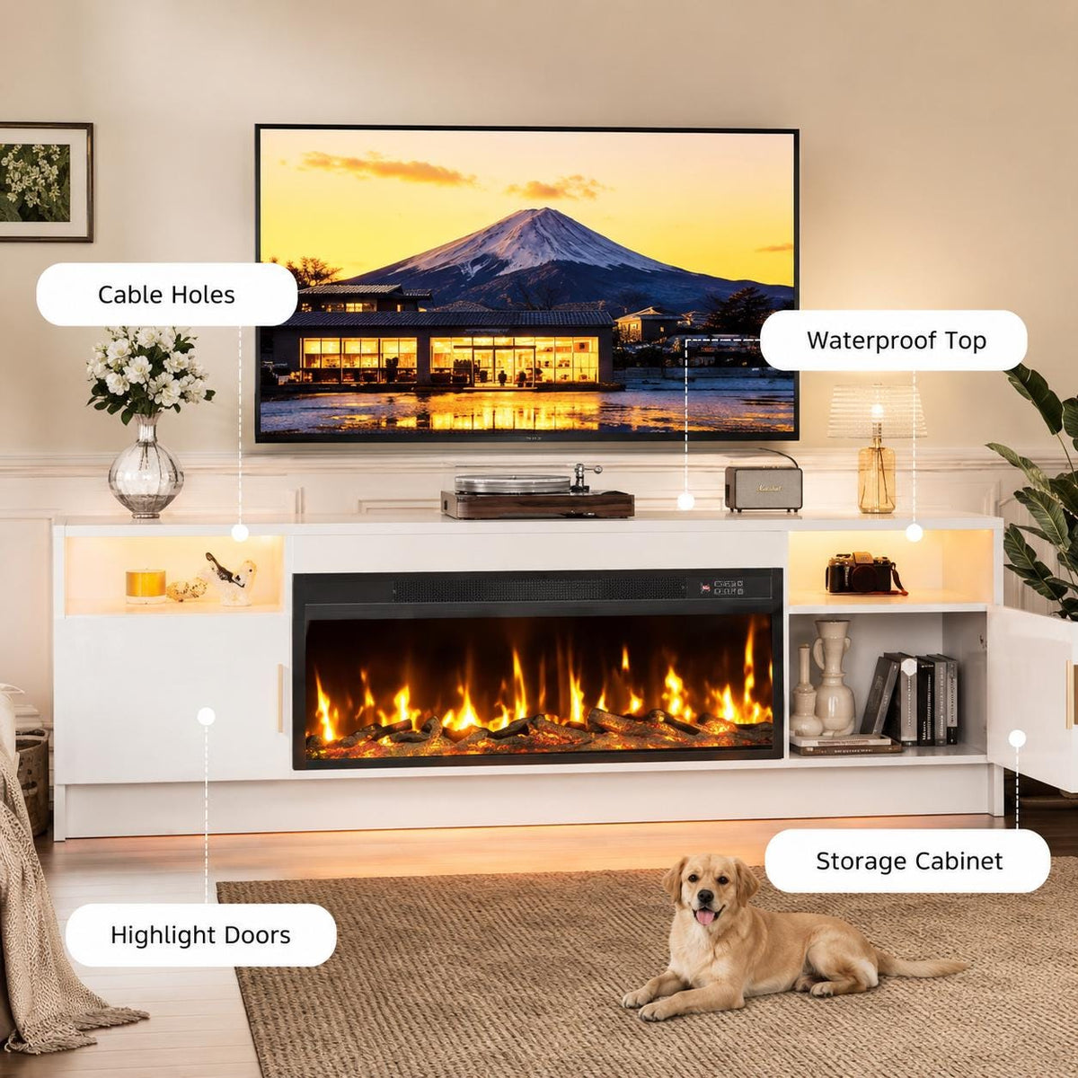 75" High Gloss TV Stand with 36" Electric Fireplace, LED Lights & Storage Cabinets, Modern Entertainment Center for TVs Up to 80"