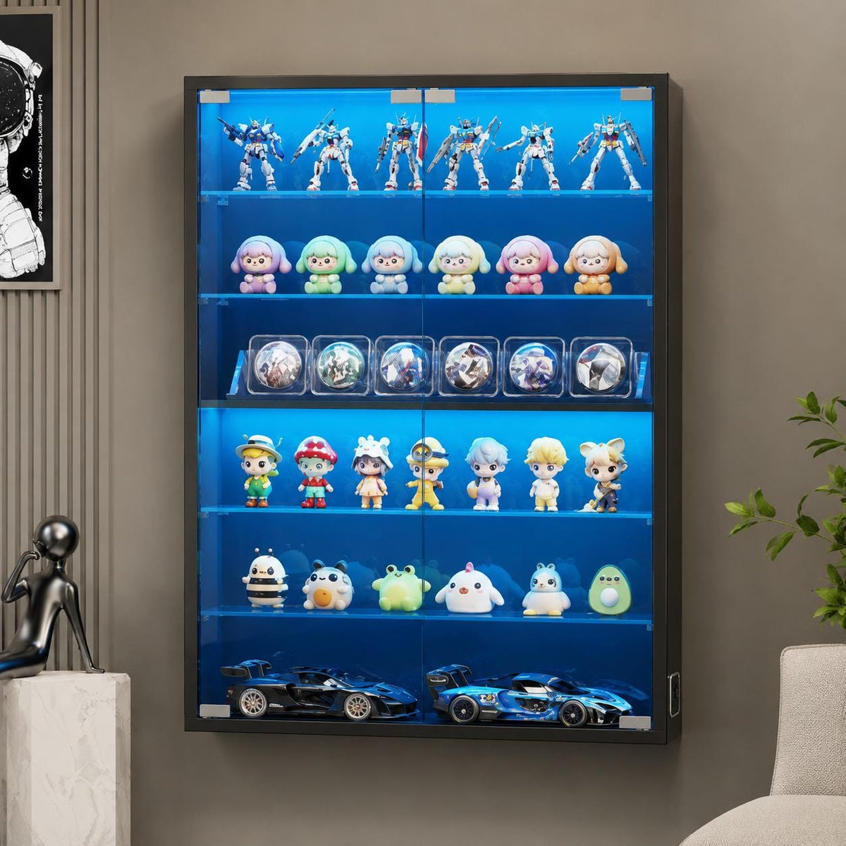 Six Tier Wall Display Cabinet With Glass Doors And Adjustable Shelves Black