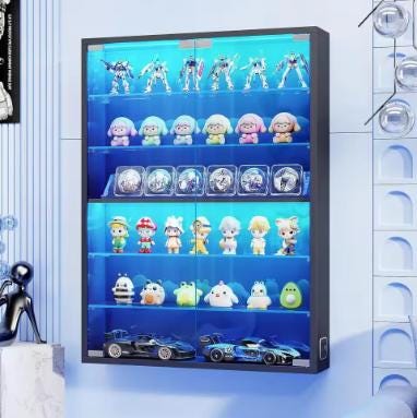 Six Tier Wall Display Cabinet With Glass Doors And Adjustable Shelves Black