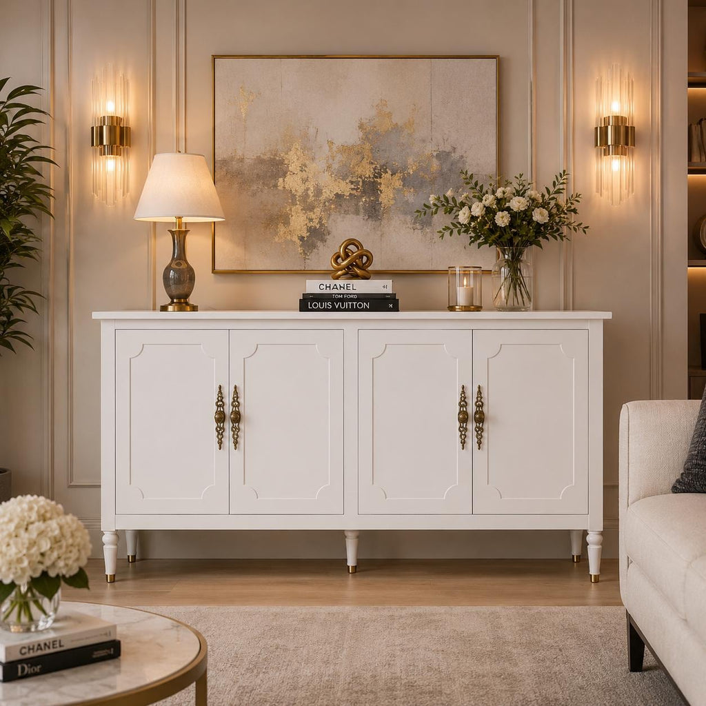 59" Modern Sideboard Buffet Cabinet with Storage, Adjustable Shelves & Carved Bronze Handles, Wood Buffet Cabinet for Dining Room Entryway