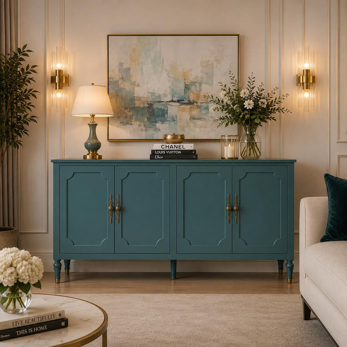 59" Modern Sideboard Buffet Cabinet with Storage, Adjustable Shelves & Carved Bronze Handles, Wood Buffet Cabinet for Dining Room Entryway