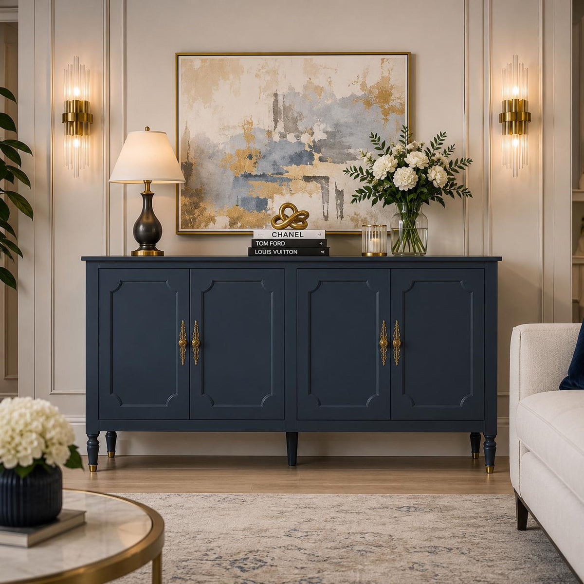 59" Modern Sideboard Buffet Cabinet with Storage, Adjustable Shelves & Carved Bronze Handles, Wood Buffet Cabinet for Dining Room Entryway