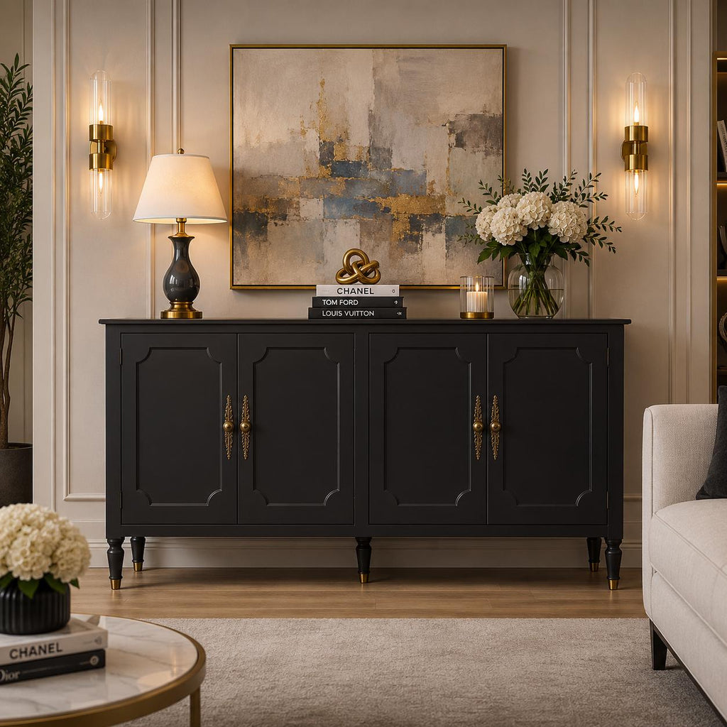 59" Modern Sideboard Buffet Cabinet with Storage, Adjustable Shelves & Carved Bronze Handles, Wood Buffet Cabinet for Dining Room Entryway