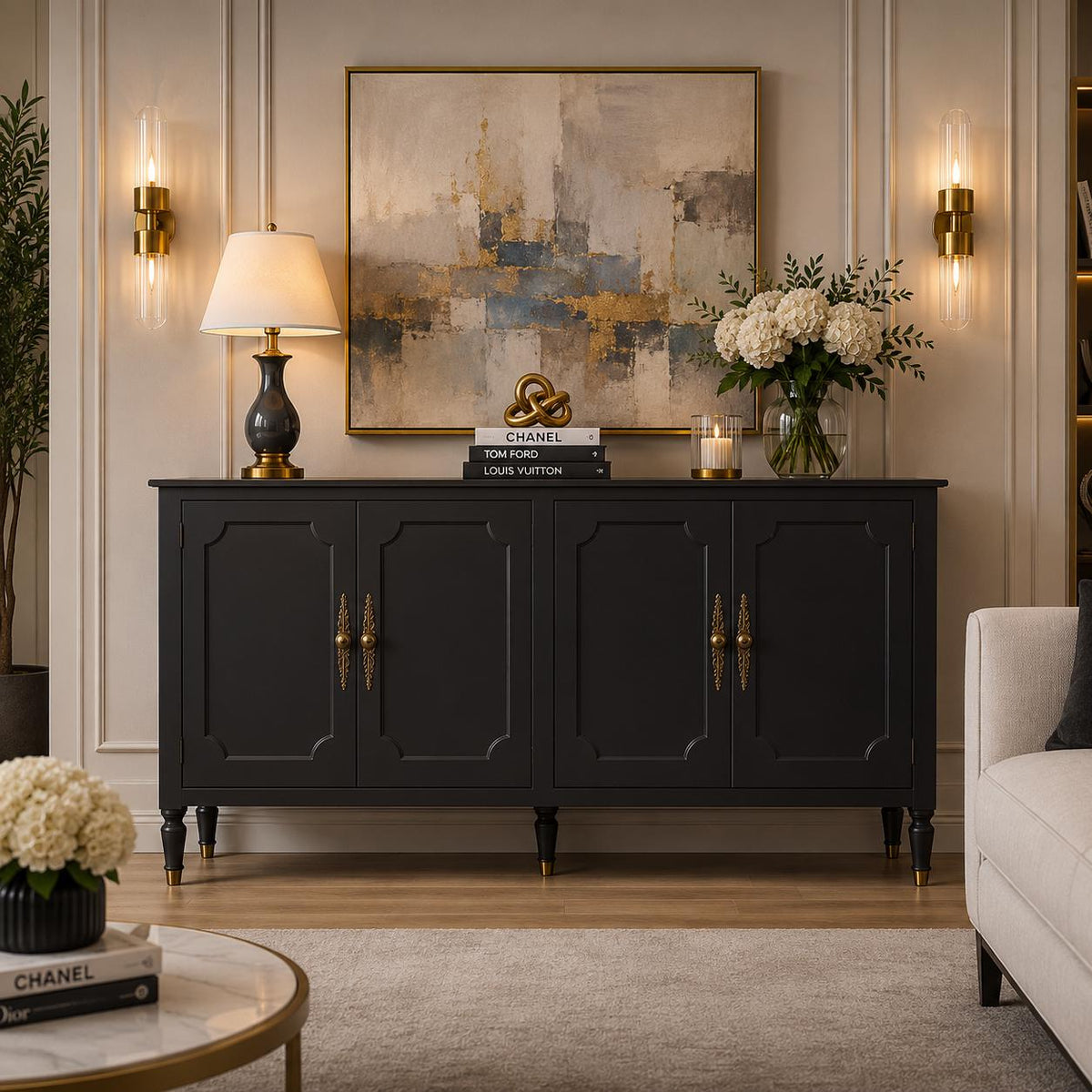 59" Modern Sideboard Buffet Cabinet with Storage, Adjustable Shelves & Carved Bronze Handles, Wood Buffet Cabinet for Dining Room Entryway