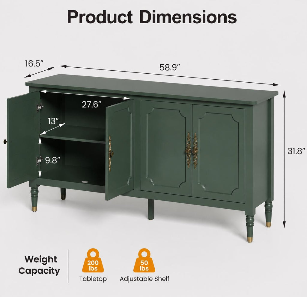 59" Modern Sideboard Buffet Cabinet with Storage, Adjustable Shelves & Carved Bronze Handles, Wood Buffet Cabinet for Dining Room Entryway
