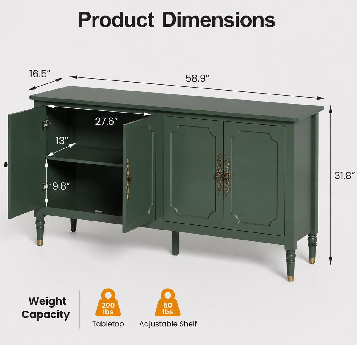 59" Modern Sideboard Buffet Cabinet with Storage, Adjustable Shelves & Carved Bronze Handles, Wood Buffet Cabinet for Dining Room Entryway