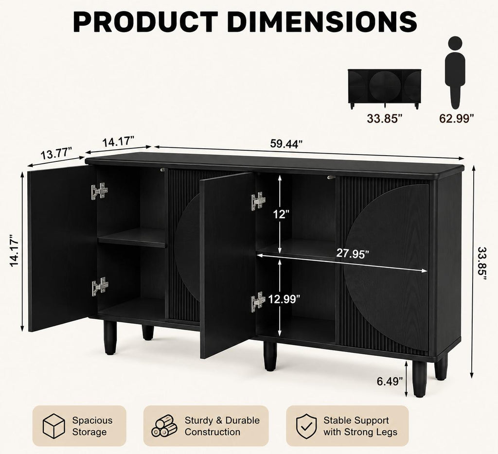 Sideboard Storage Cabinet with Doors for Living Room, Kitchen, and Dining Area - Black